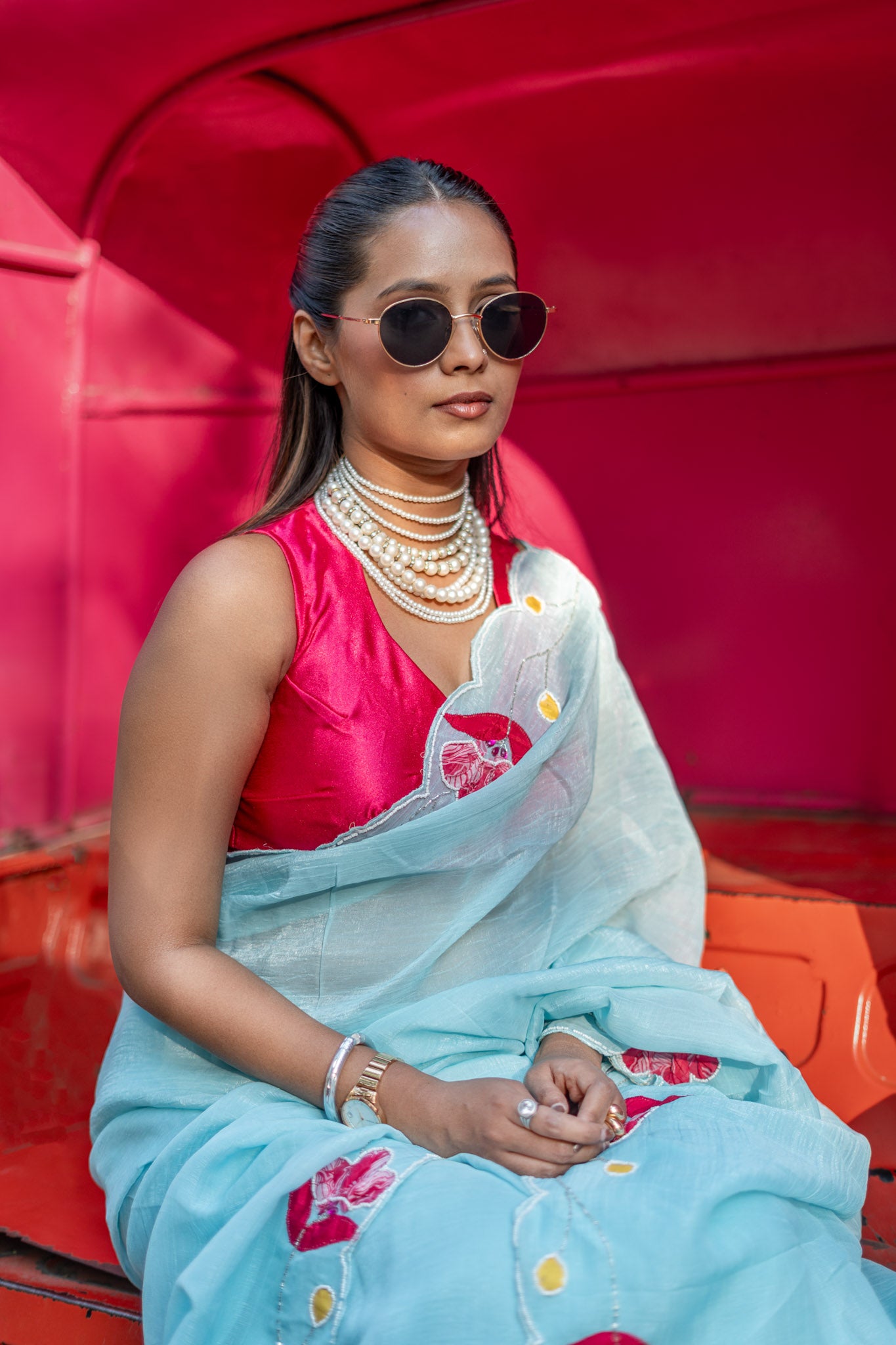 Soft Blue Organza Saree with Floral Embroidery