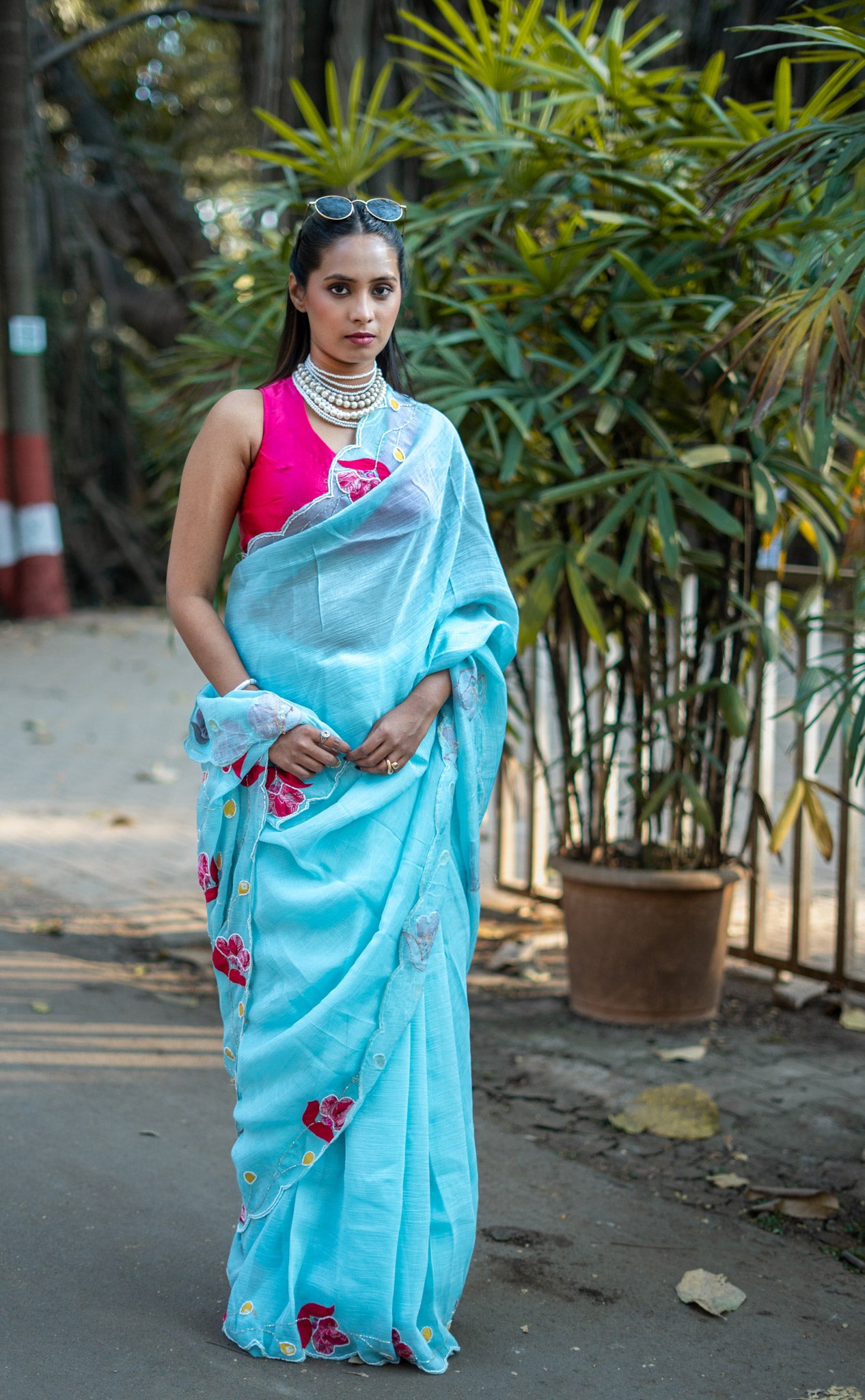 Soft Blue Organza Saree with Floral Embroidery