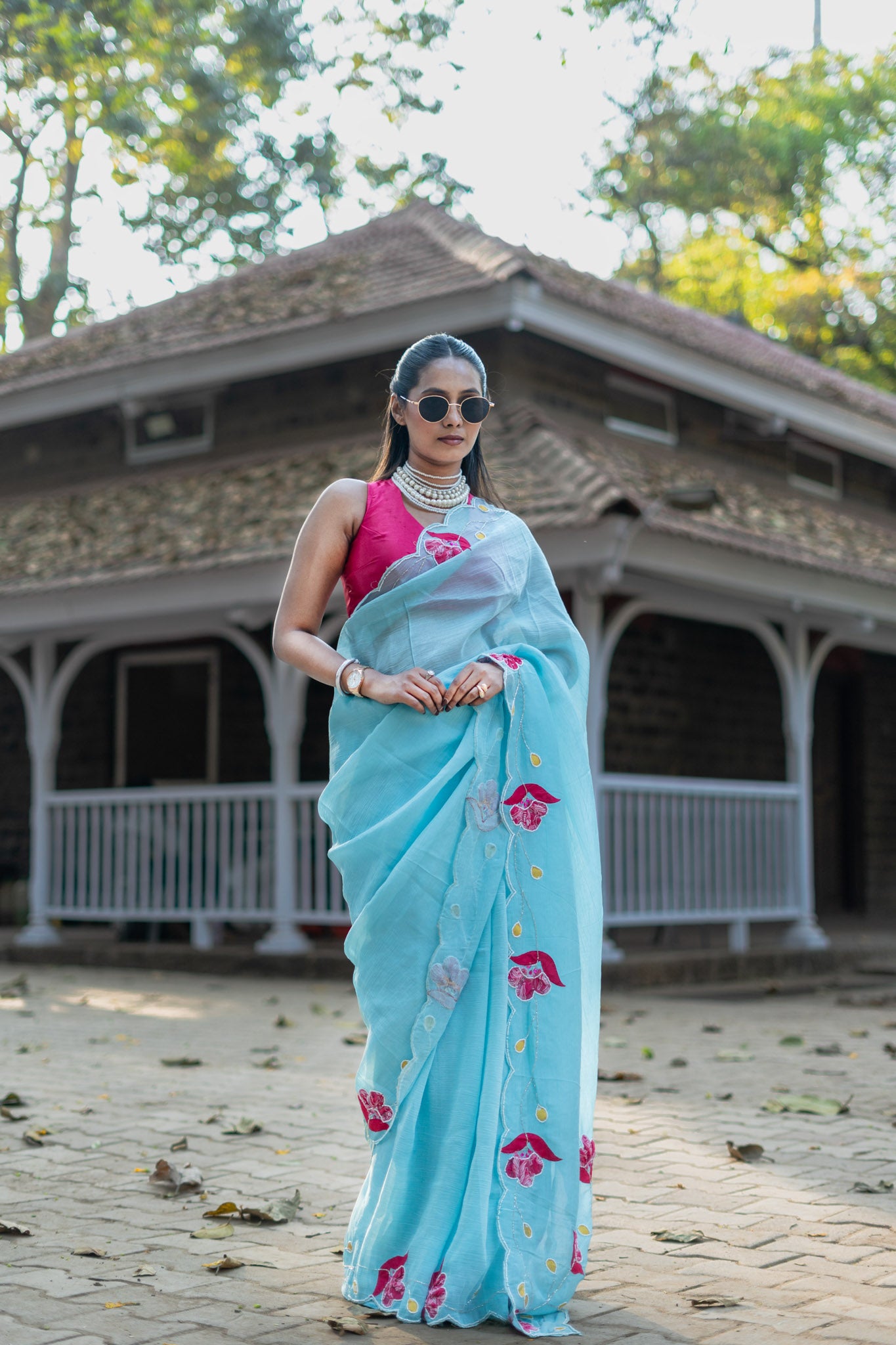 Soft Blue Organza Saree with Floral Embroidery