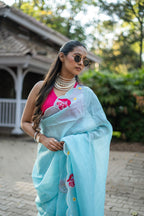 Soft Blue Organza Saree with Floral Embroidery