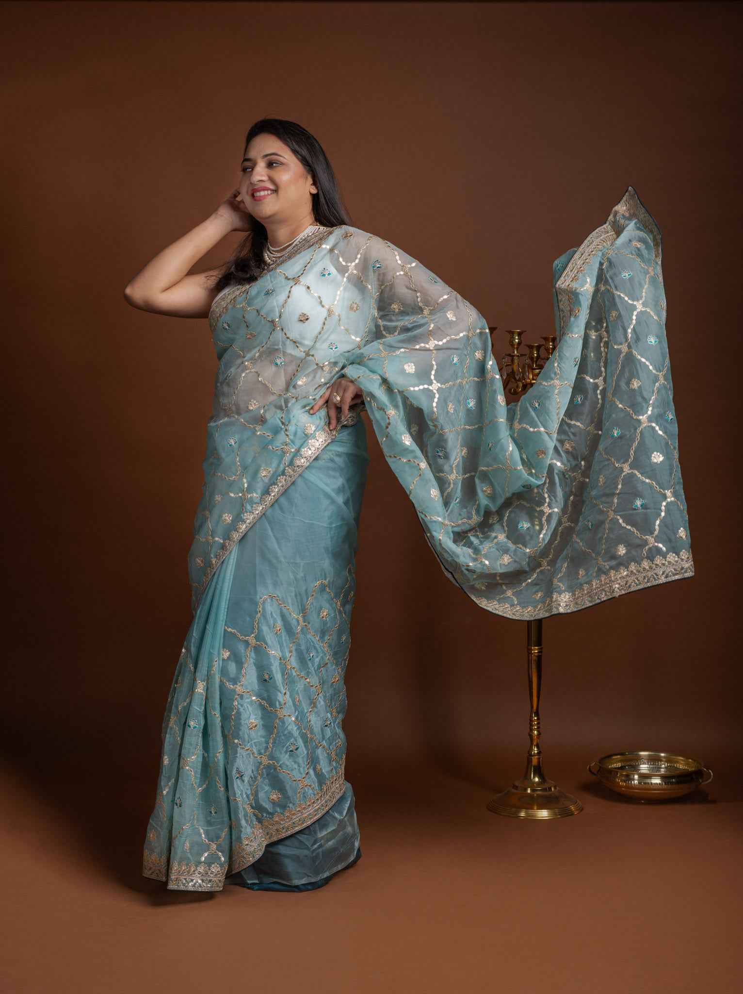 Aqua Blue Crepe Silk Saree with Gold Lattice Pattern