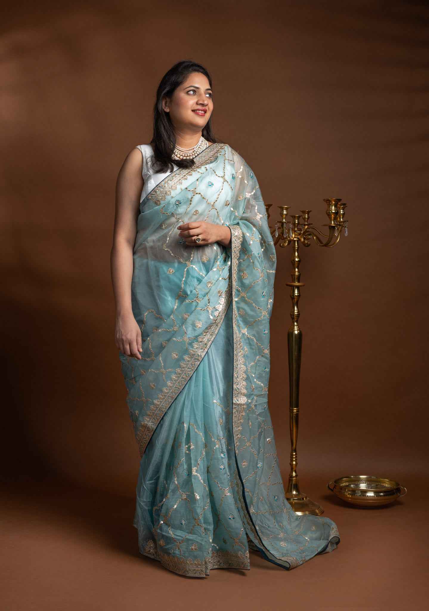 Aqua Blue Crepe Silk Saree with Gold Lattice Pattern