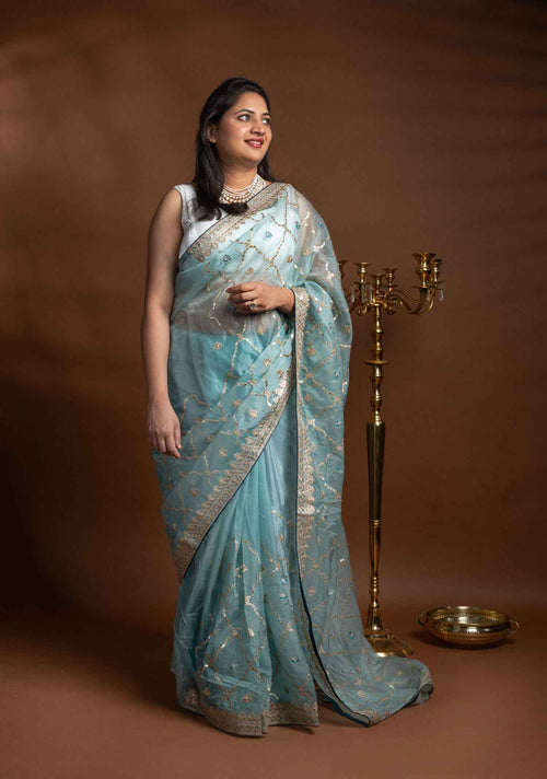 Aqua Blue Crepe Silk Saree with Gold Lattice Pattern