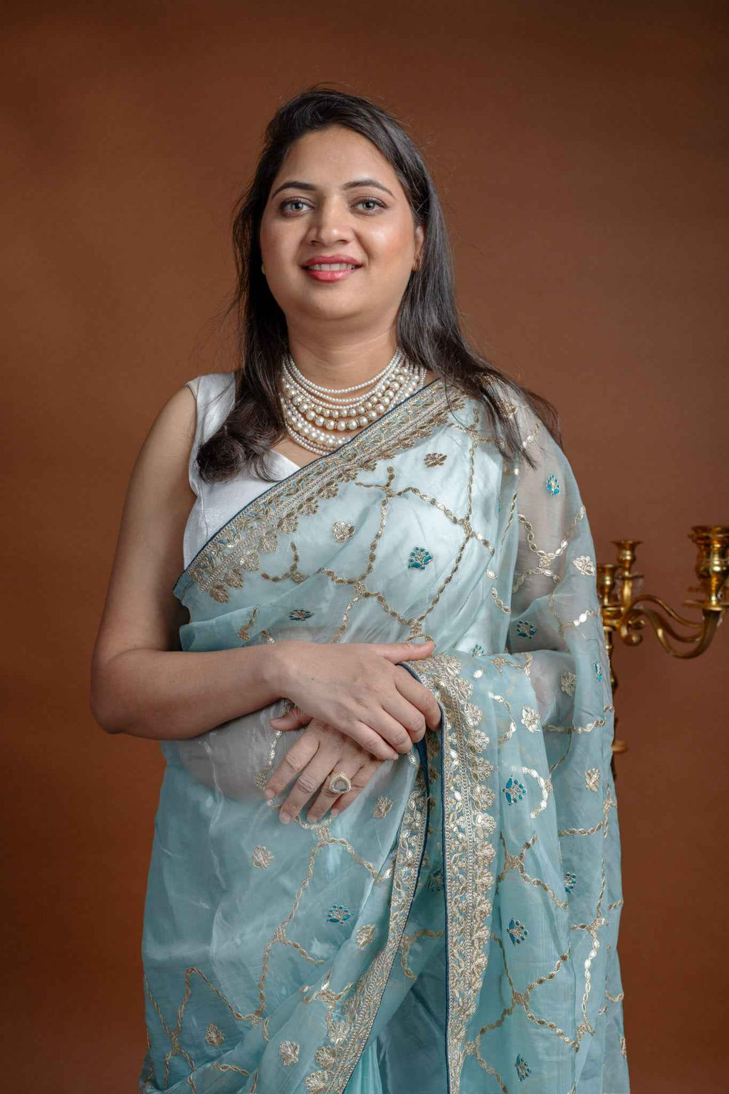 Aqua Blue Crepe Silk Saree with Gold Lattice Pattern