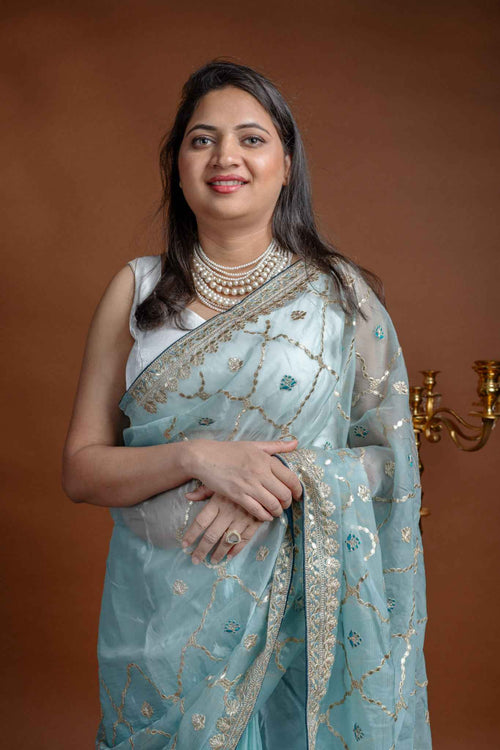 Aqua Blue Crepe Silk Saree with Gold Lattice Pattern