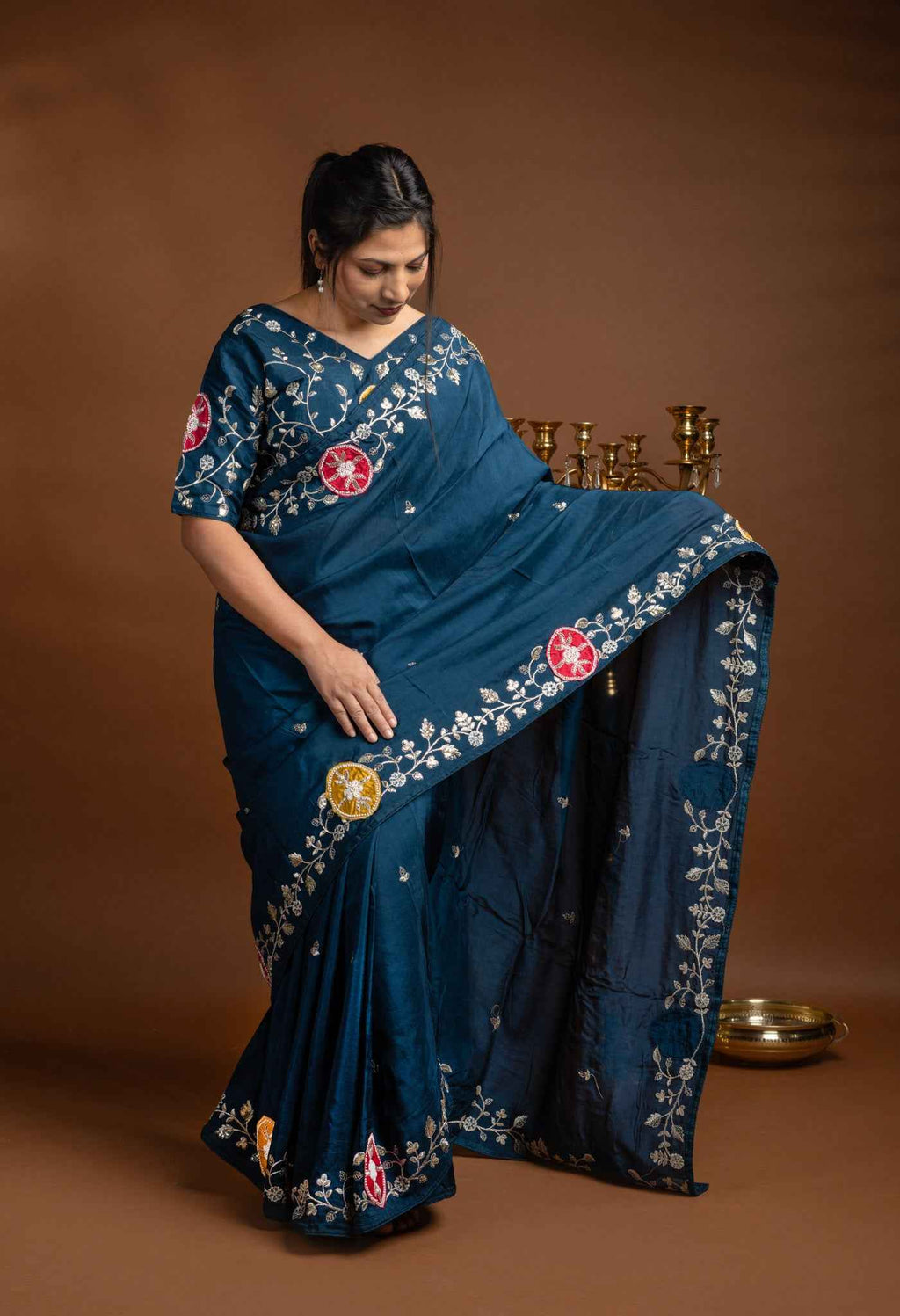 Teal Blue Silk Saree with Silver Vine Embroidery & Blouse
