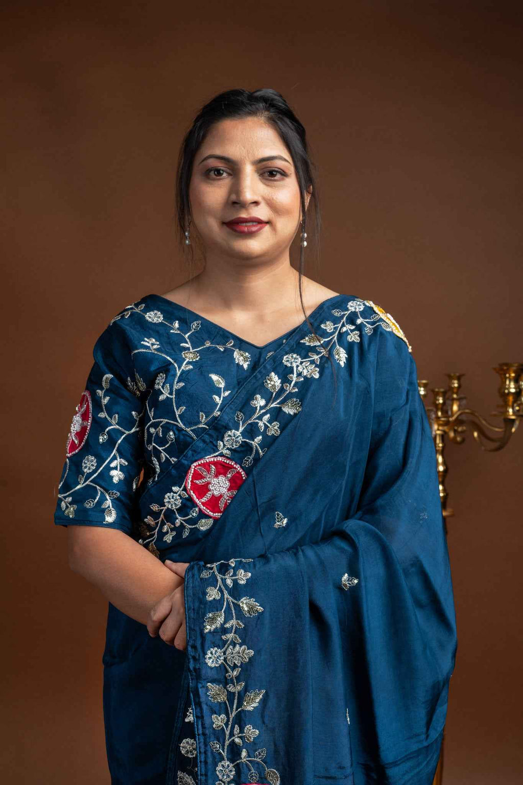 Teal Blue Silk Saree with Silver Vine Embroidery & Blouse