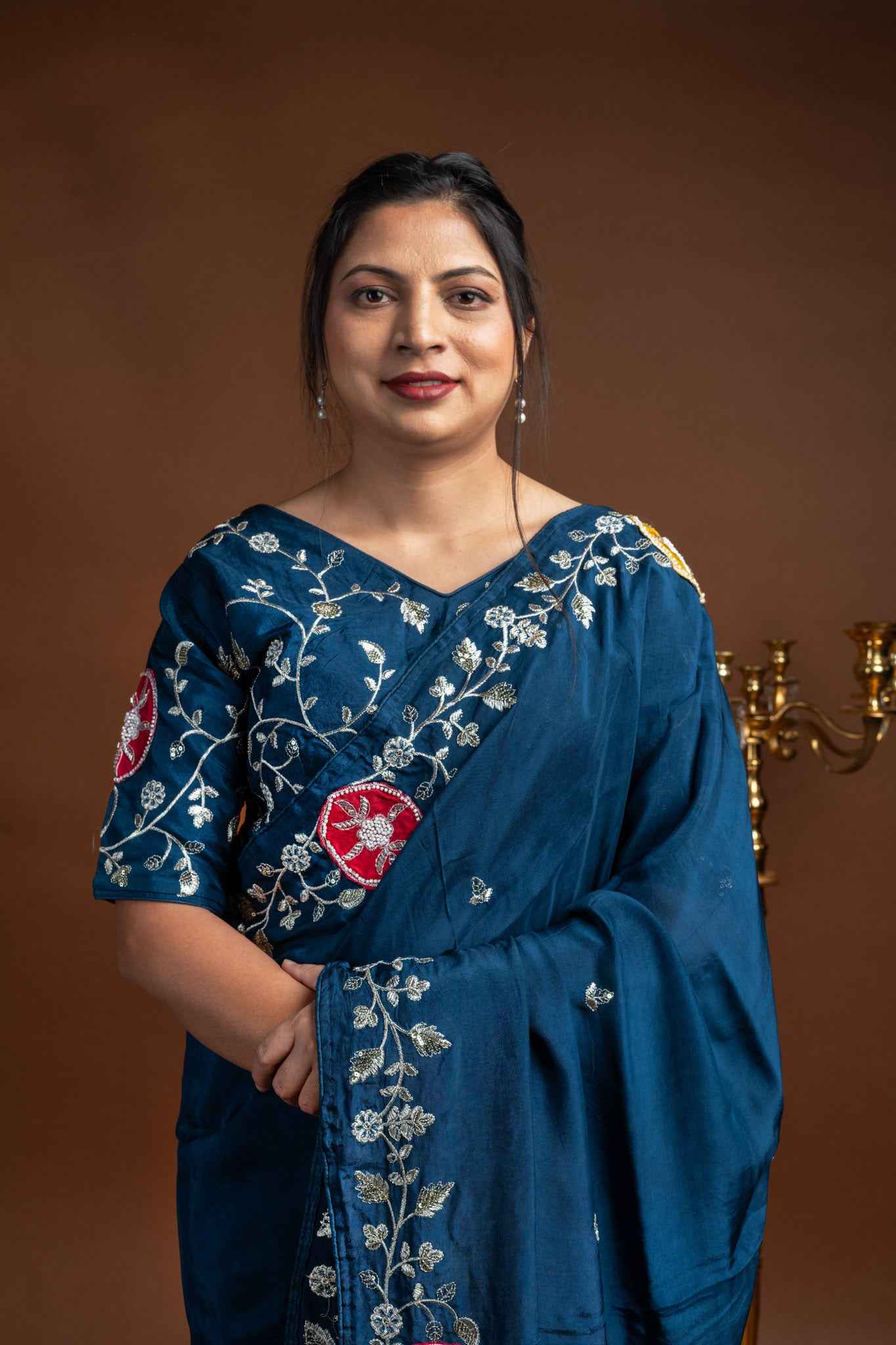 Teal Blue Silk Saree with Silver Vine Embroidery & Blouse