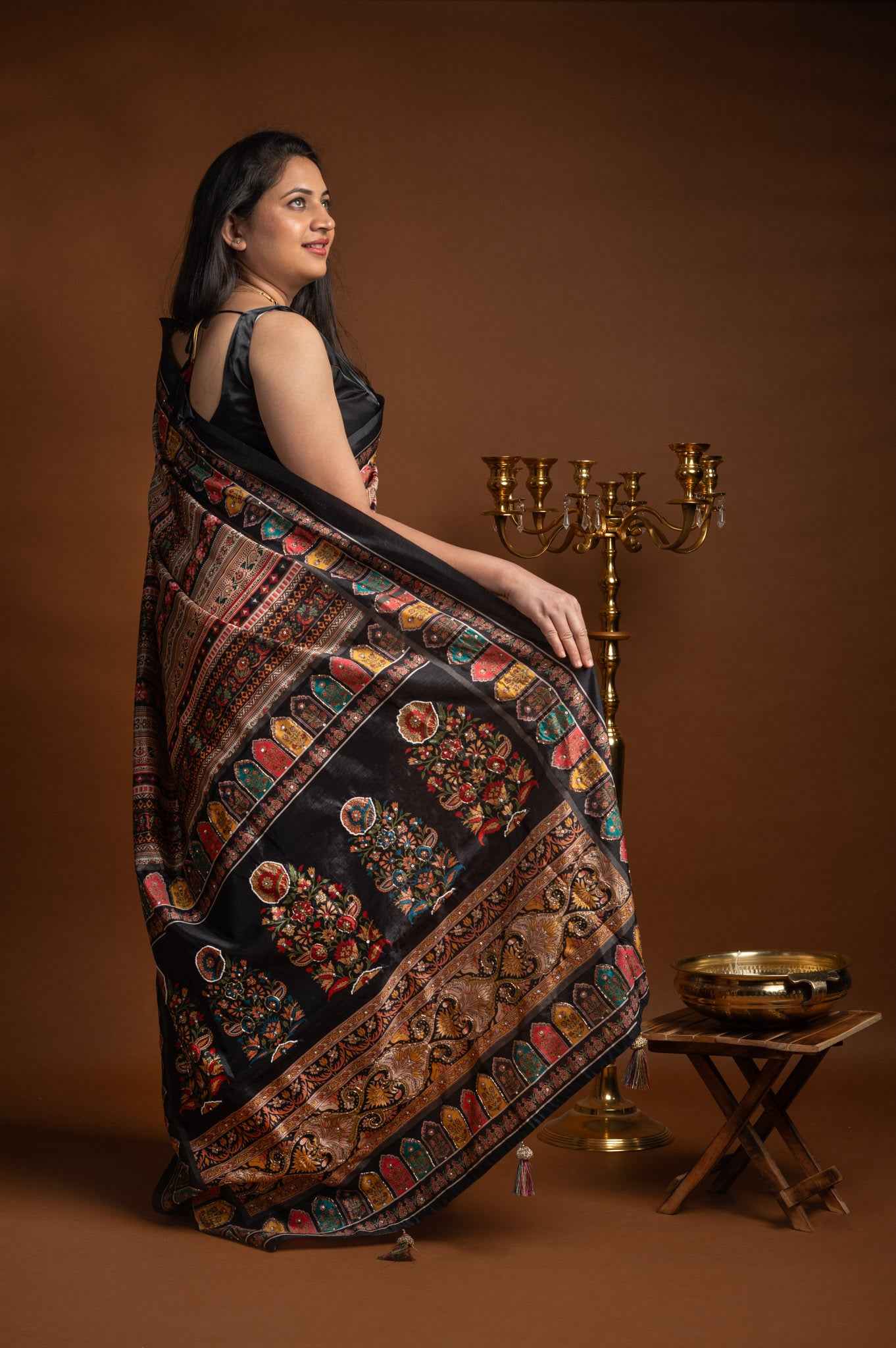 Black Crepe Silk Saree with Mosaic Floral Print