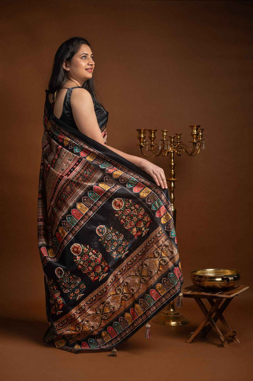 Black Crepe Silk Saree with Mosaic Floral Print