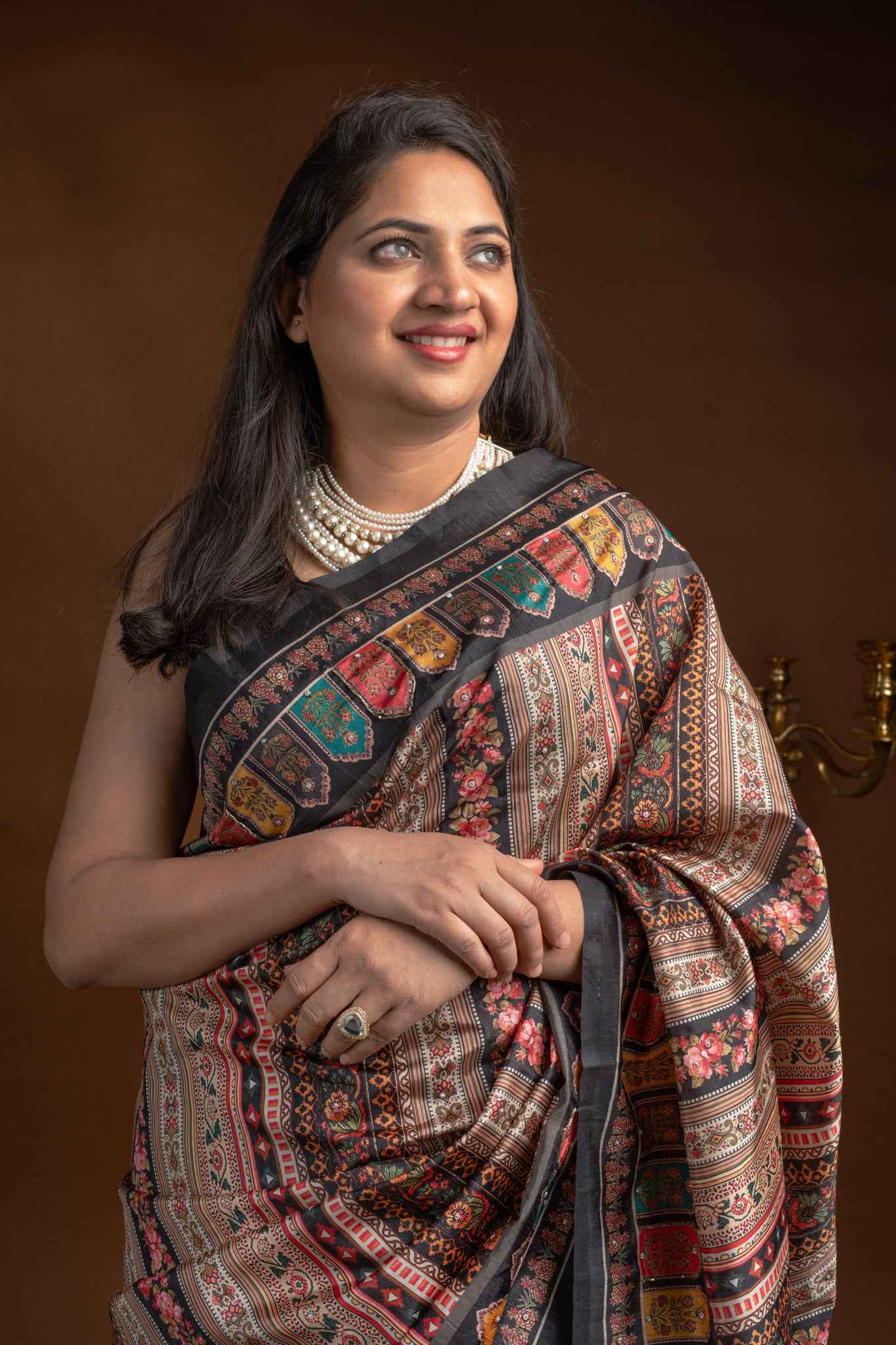 Black Crepe Silk Saree with Mosaic Floral Print