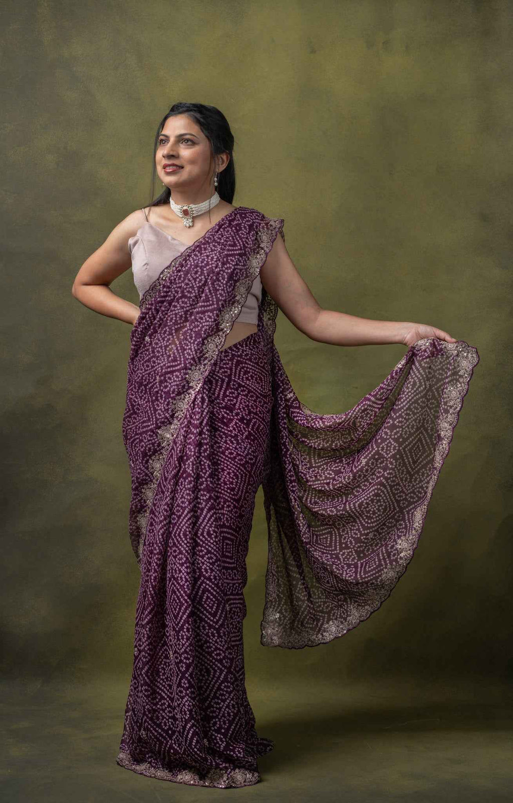 Plum Bandhani Crepe Silk Saree