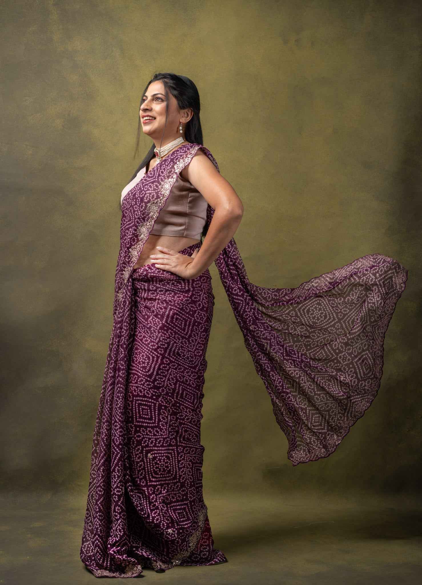Plum Bandhani Crepe Silk Saree