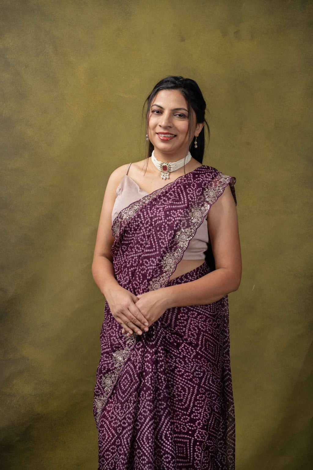 Plum Bandhani Crepe Silk Saree