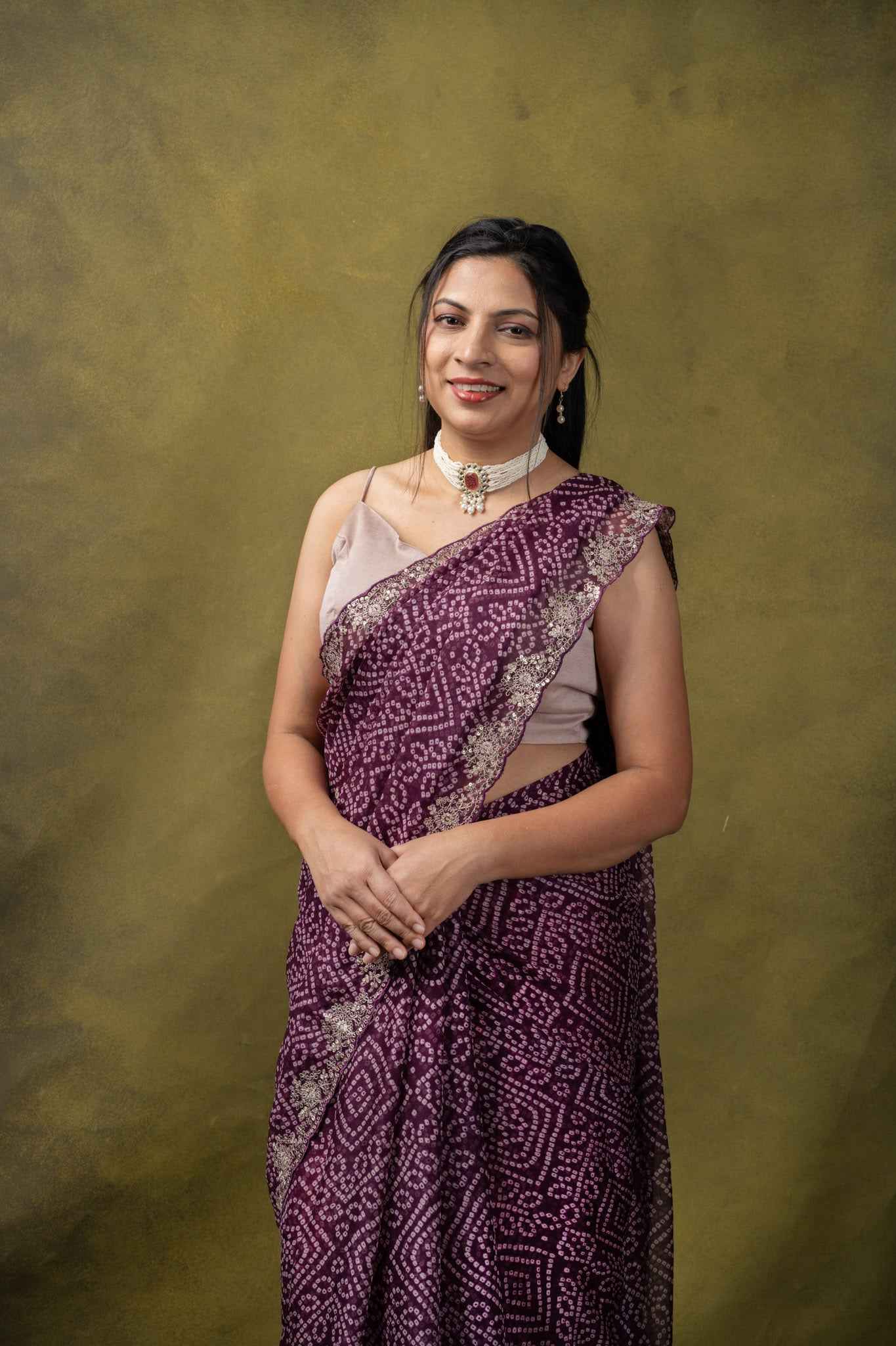 Plum Bandhani Crepe Silk Saree