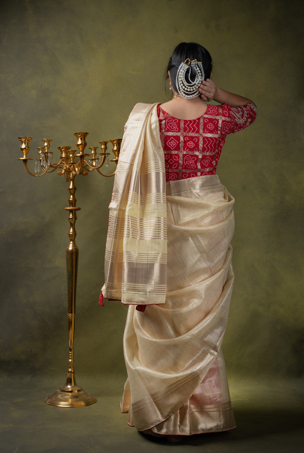 Ivory Bandhani Fusion Saree