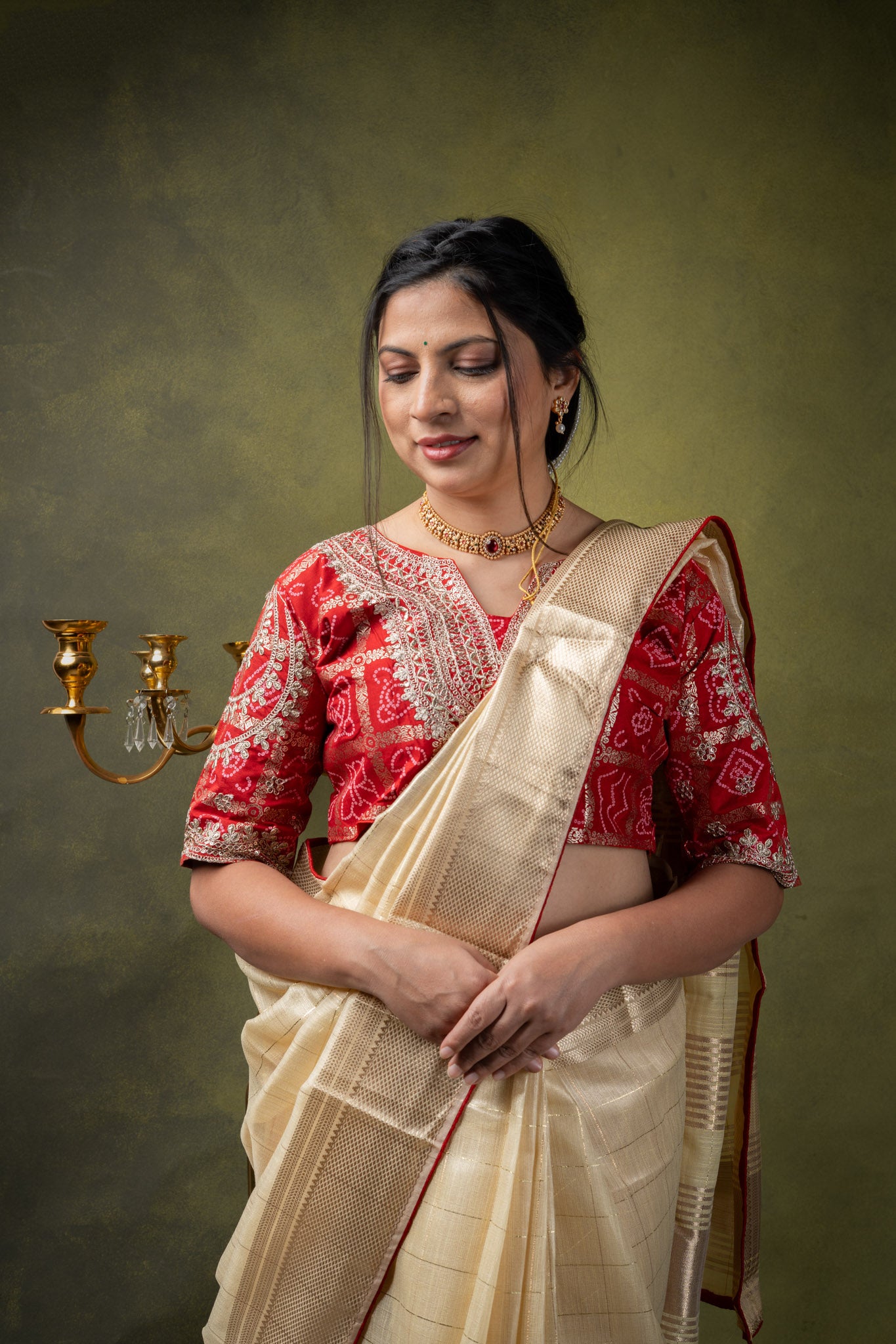 Ivory Bandhani Fusion Saree