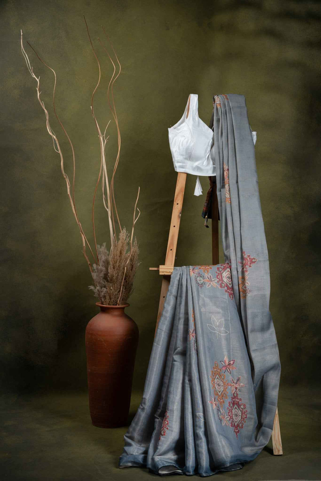 Grey Cotton Saree with Floral Embroidery