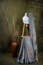 Grey Cotton Saree with Floral Embroidery