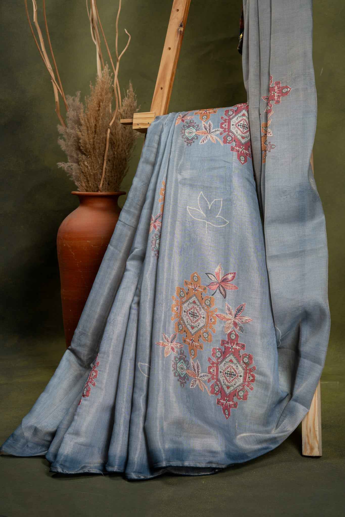 Grey Cotton Saree with Floral Embroidery