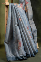 Grey Cotton Saree with Floral Embroidery