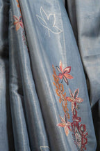 Grey Cotton Saree with Floral Embroidery