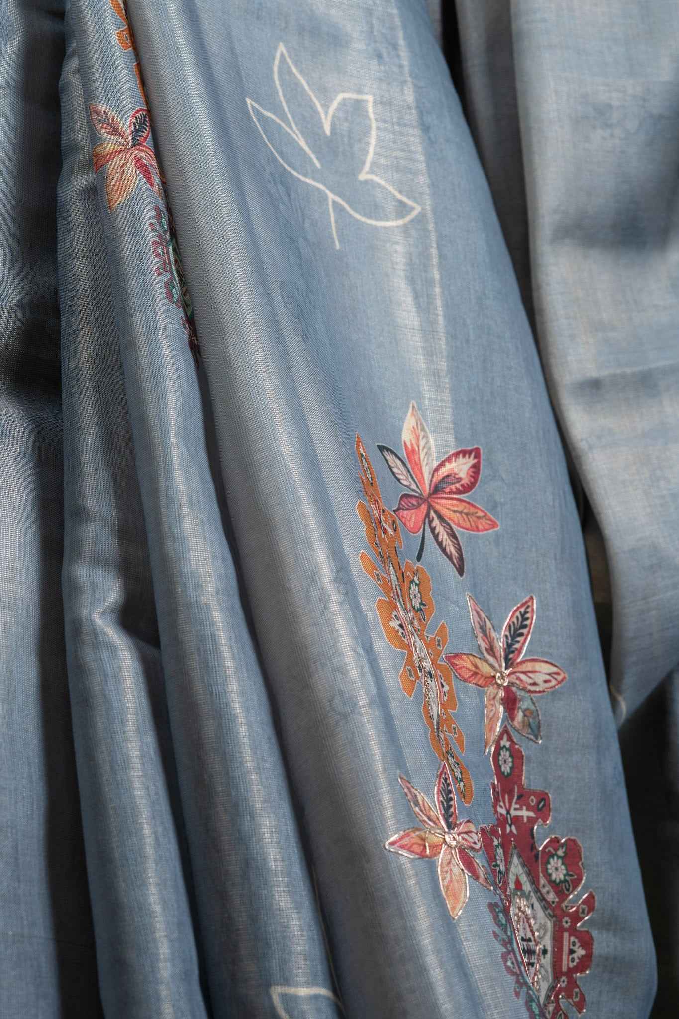 Grey Cotton Saree with Floral Embroidery