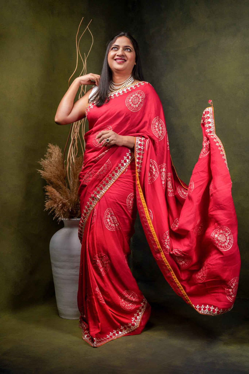 Crimson Silk Saree with Silver Mandala Print