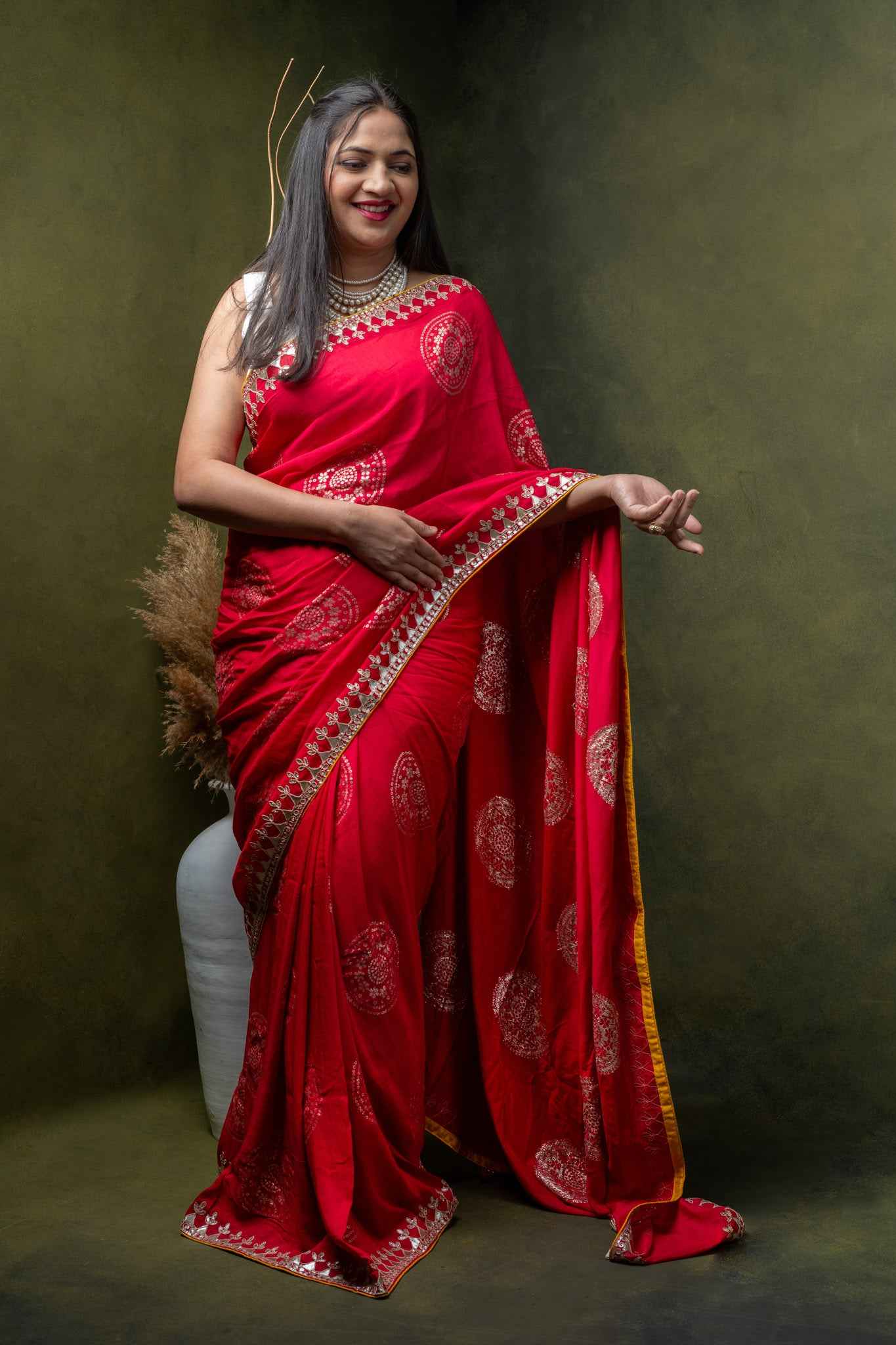 Crimson Silk Saree with Silver Mandala Print