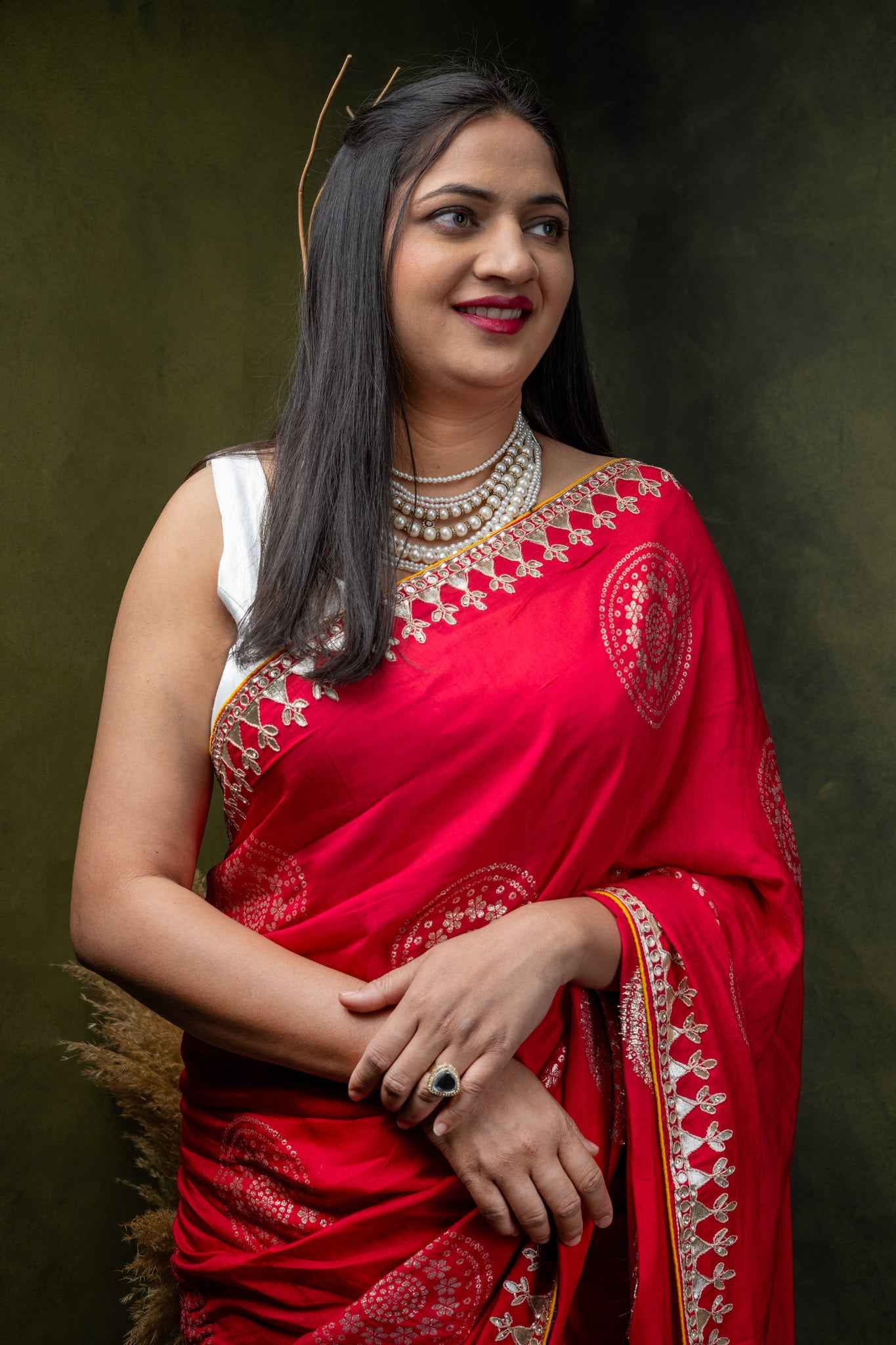 Crimson Silk Saree with Silver Mandala Print