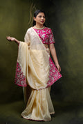Cream Silk Saree with Magenta Zardosi Border