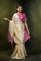 Cream Silk Saree with Magenta Zardosi Border