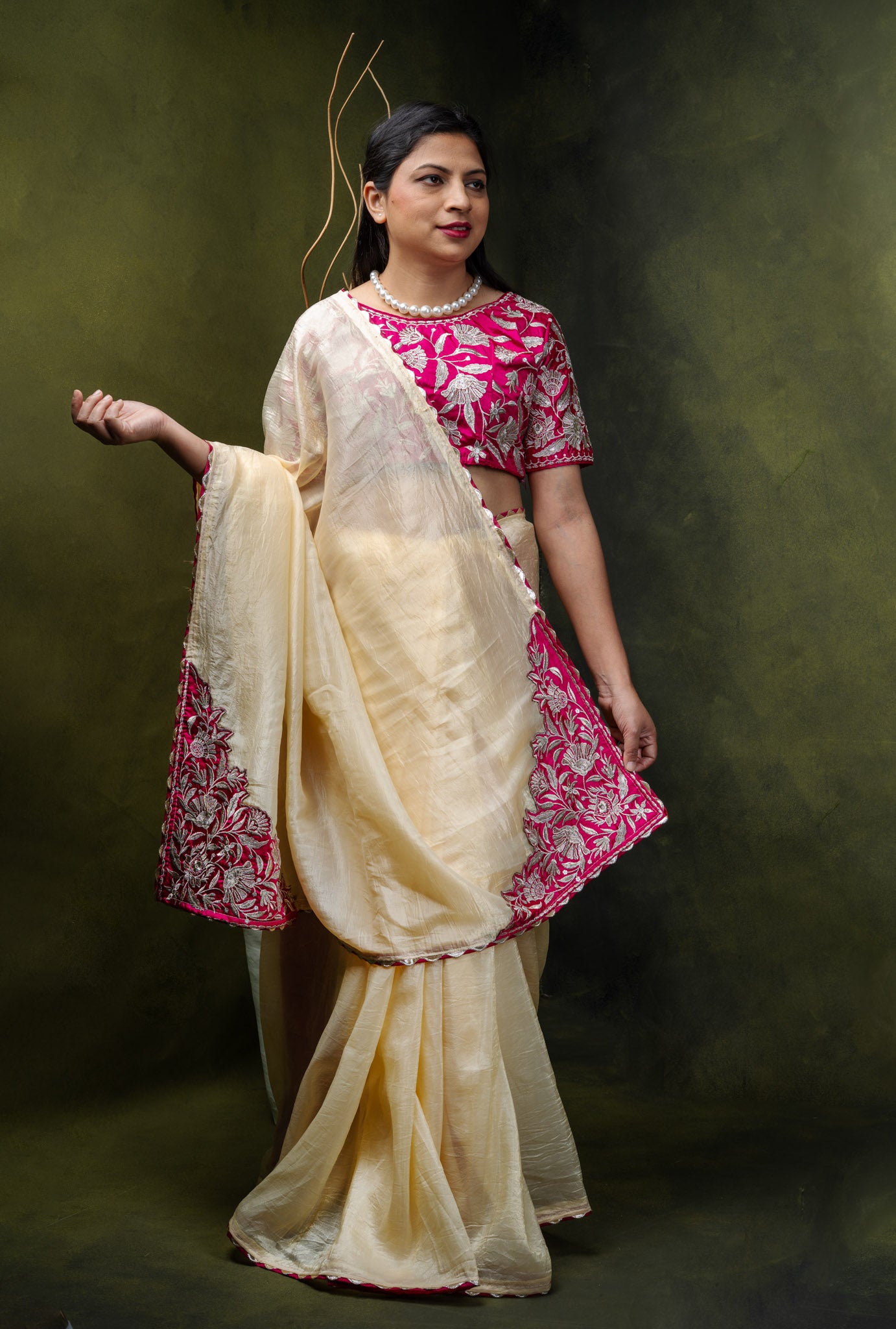 Cream Silk Saree with Magenta Zardosi Border