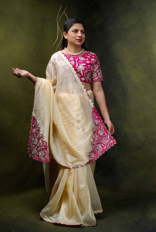 Cream Silk Saree with Magenta Zardosi Border