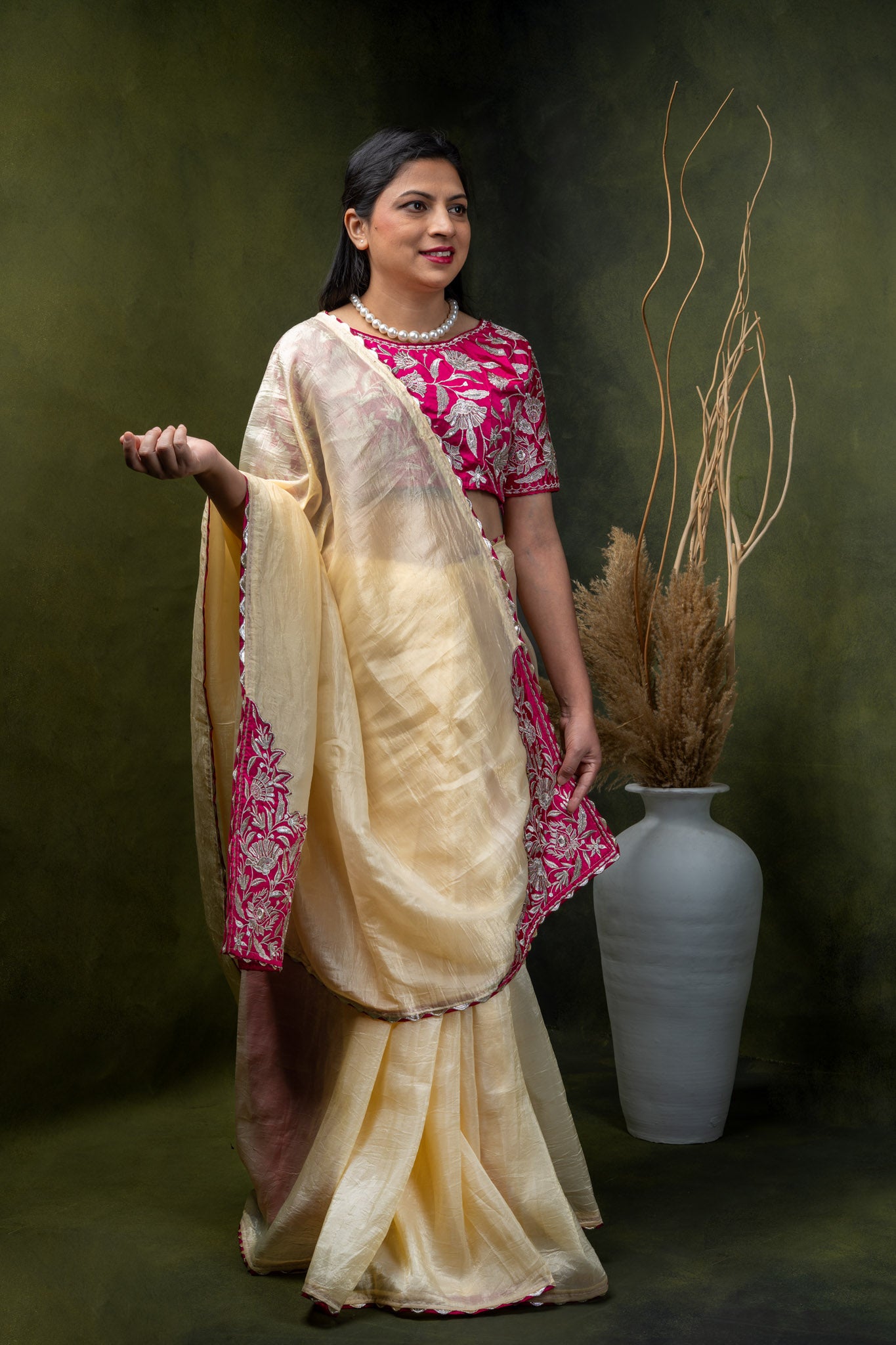 Cream Silk Saree with Magenta Zardosi Border