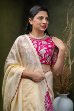 Cream Silk Saree with Magenta Zardosi Border