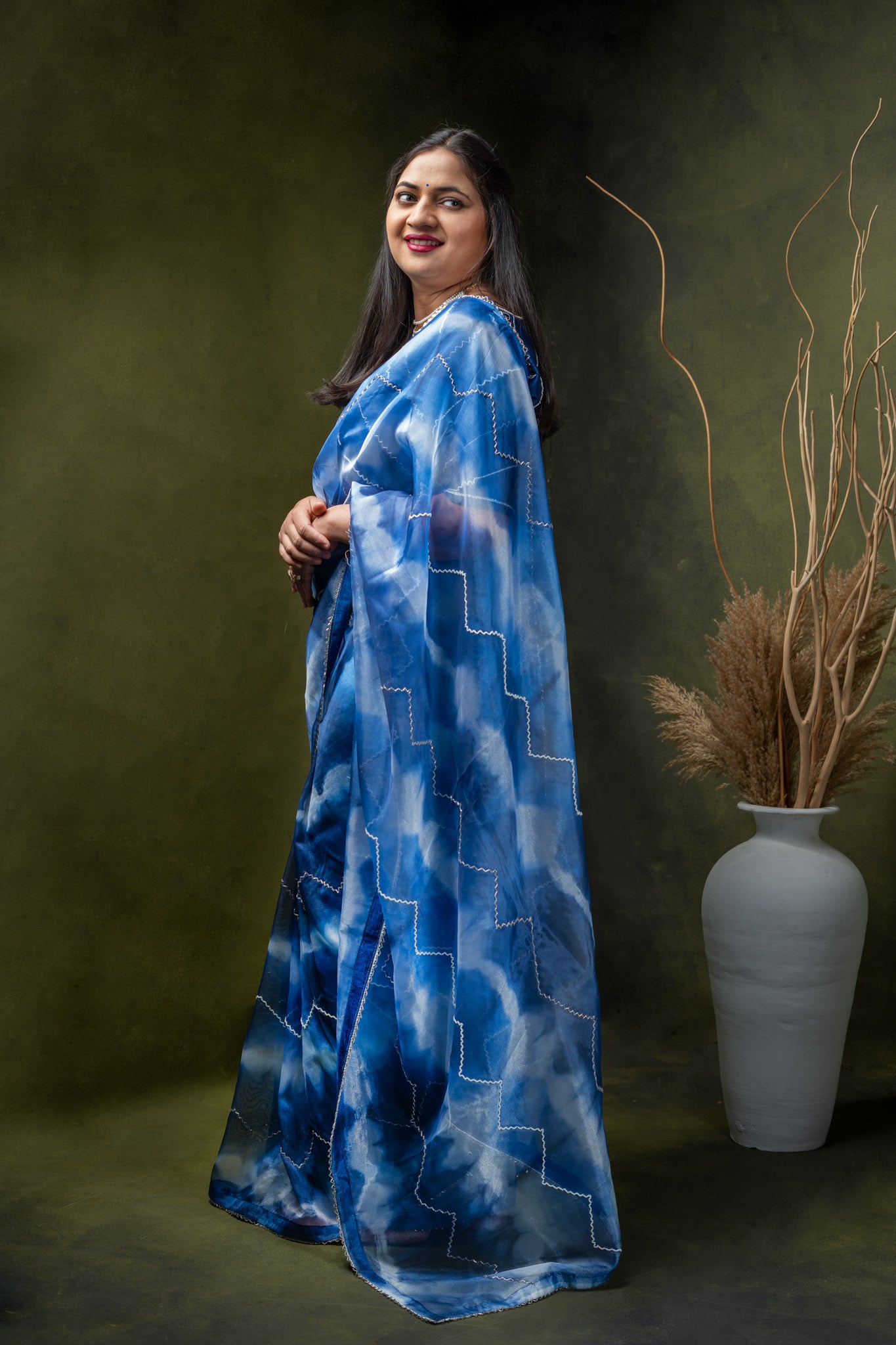 Blue Shibori Organza Saree
