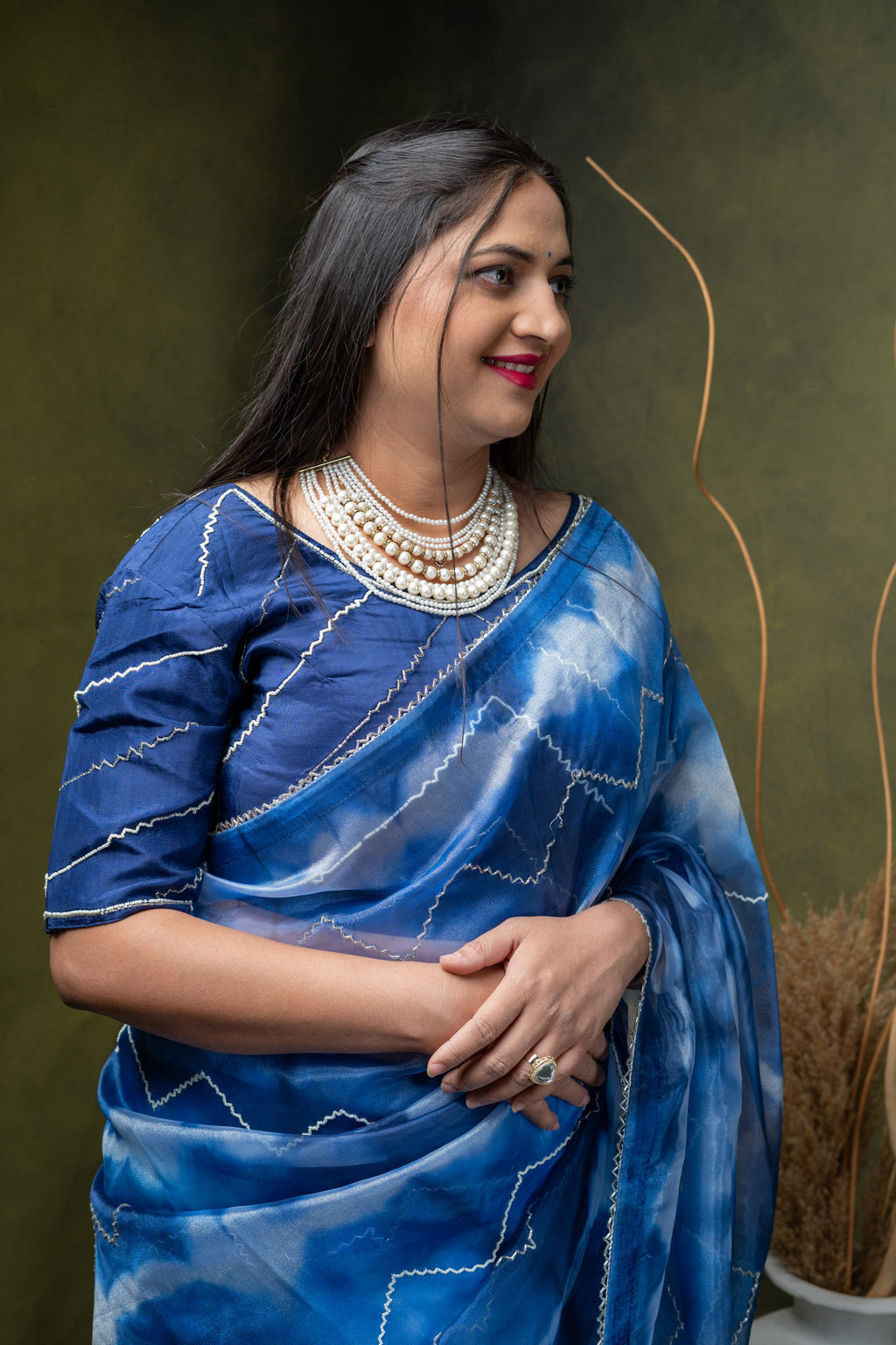 Blue Shibori Organza Saree