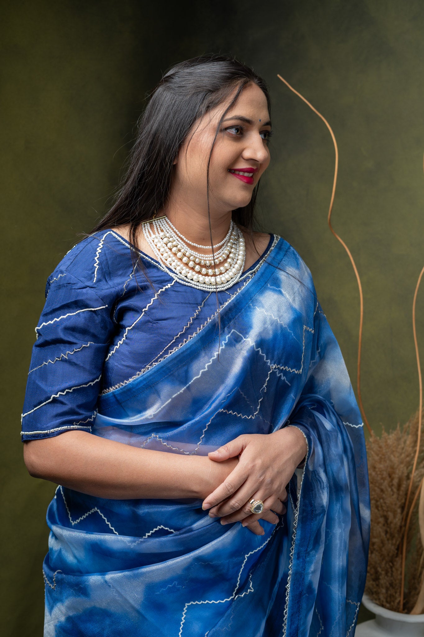 Blue Shibori Organza Saree