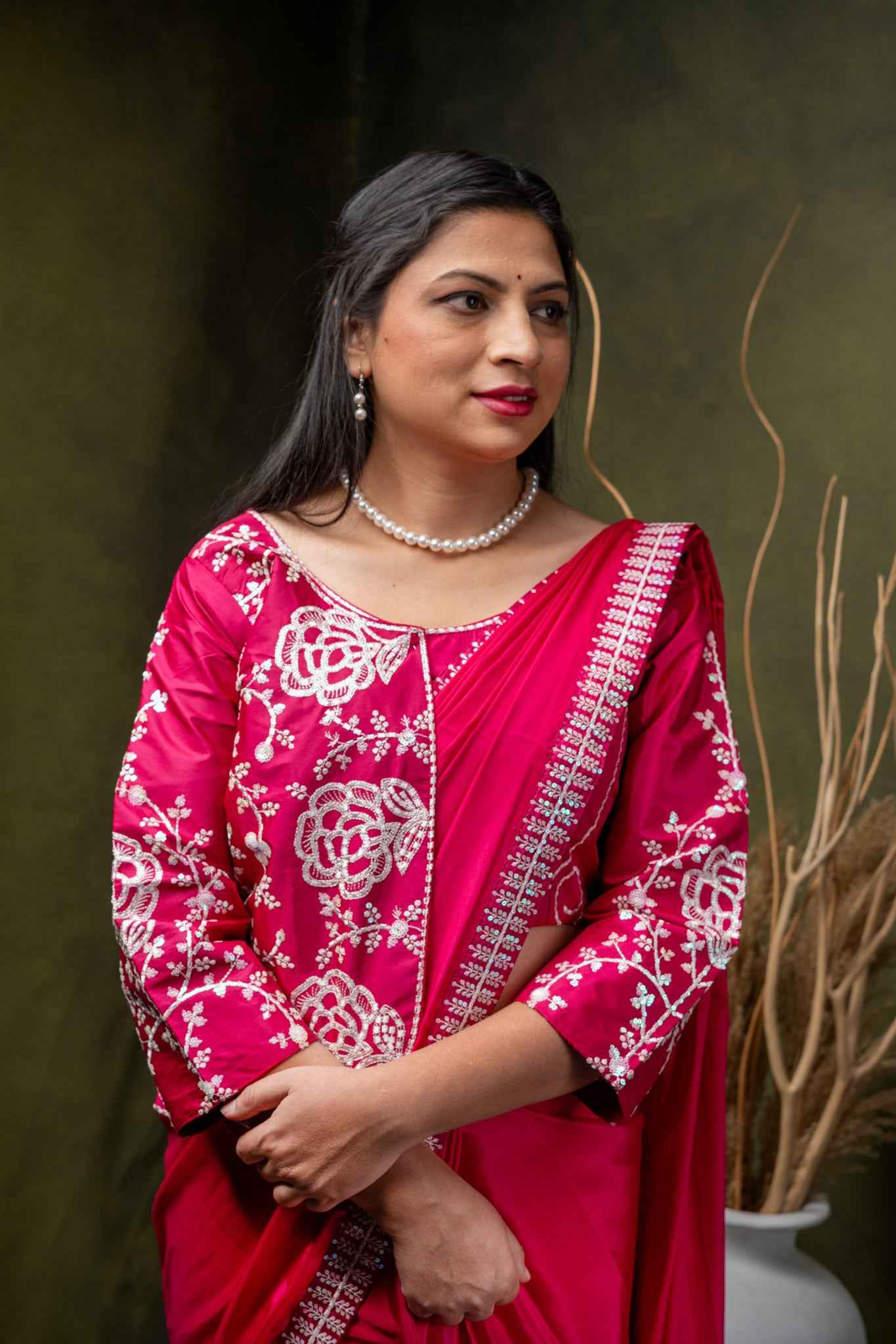 Magenta Crepe Silk Saree with Jacket Blouse