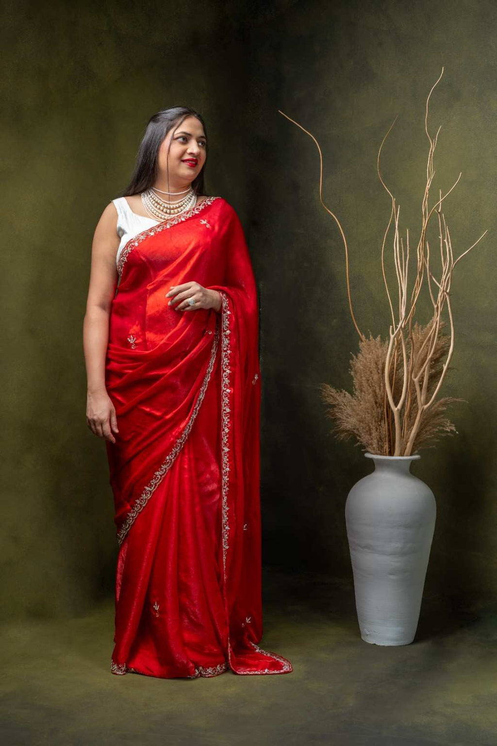 Metallic Silver Silk Saree with Sleek Drape