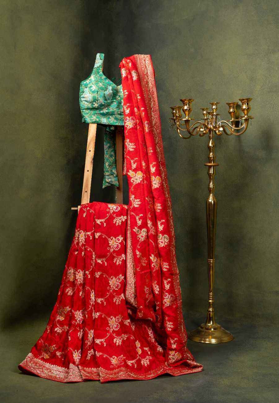 Scarlet Banarasi Silk Saree with Gold Zari Buttas