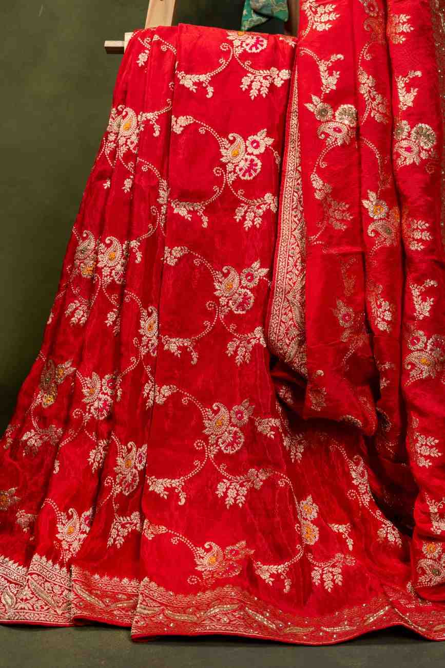 Scarlet Banarasi Silk Saree with Gold Zari Buttas