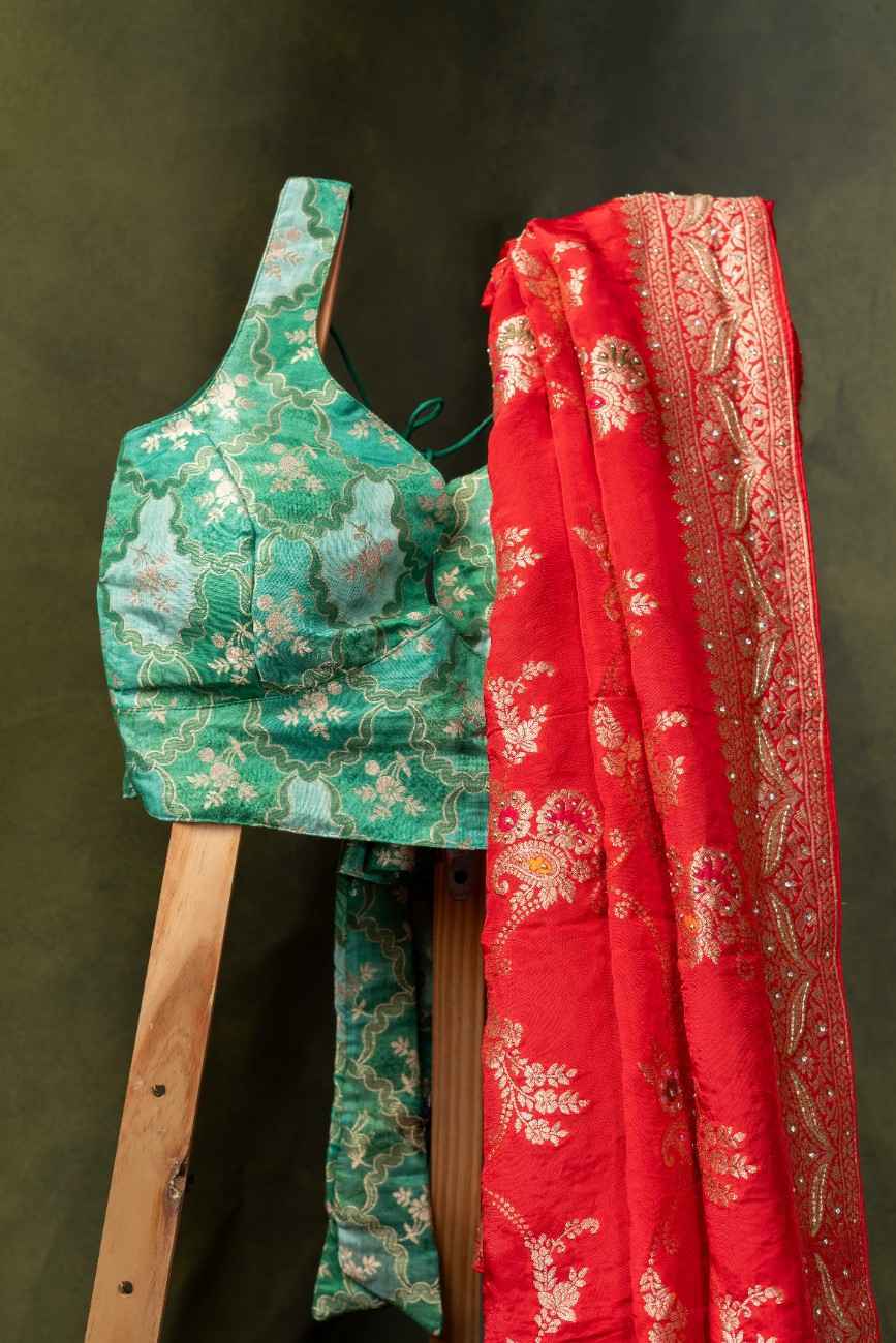 Scarlet Banarasi Silk Saree with Gold Zari Buttas