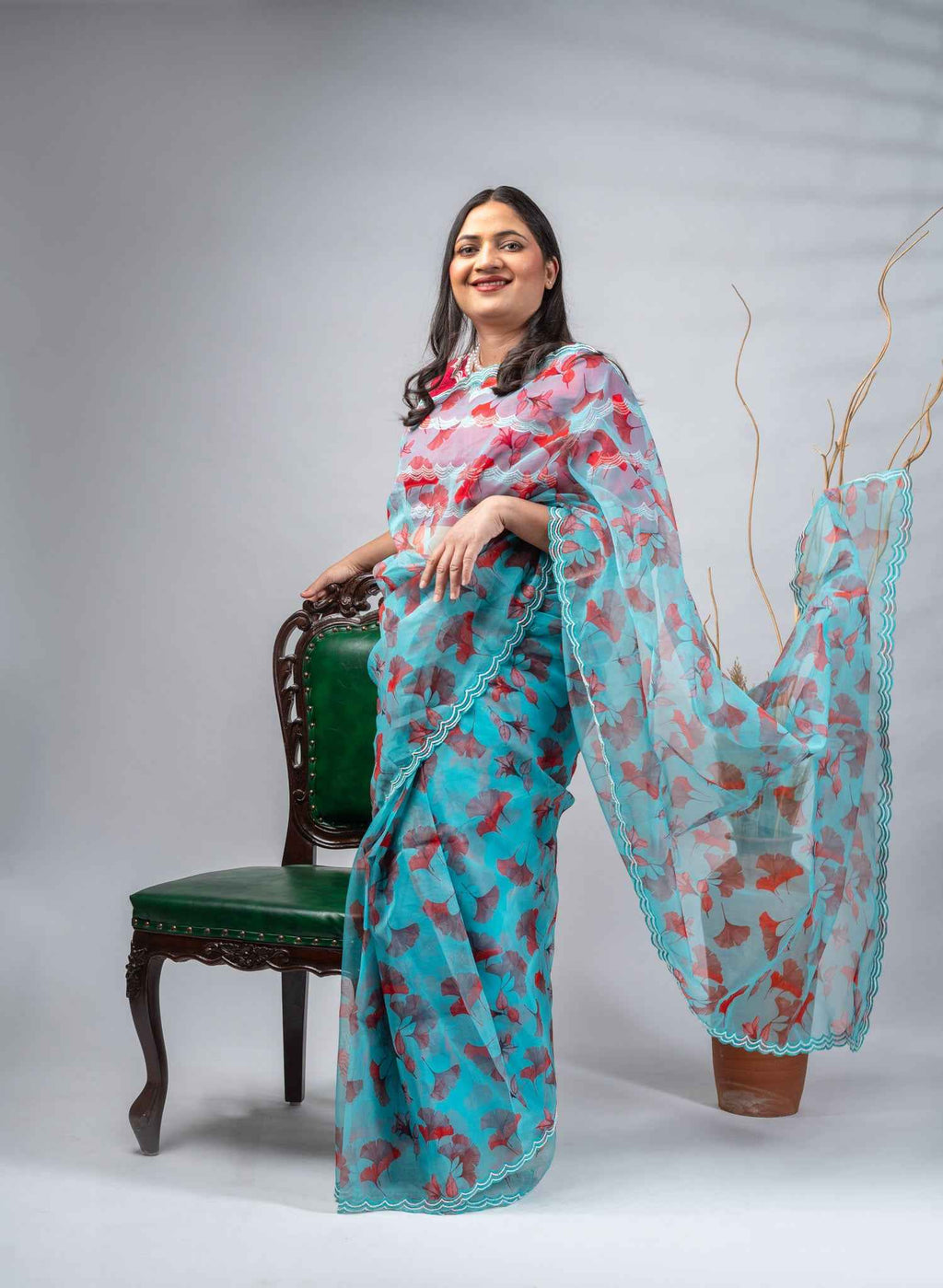 Sky Blue Organza Saree with Floral Print