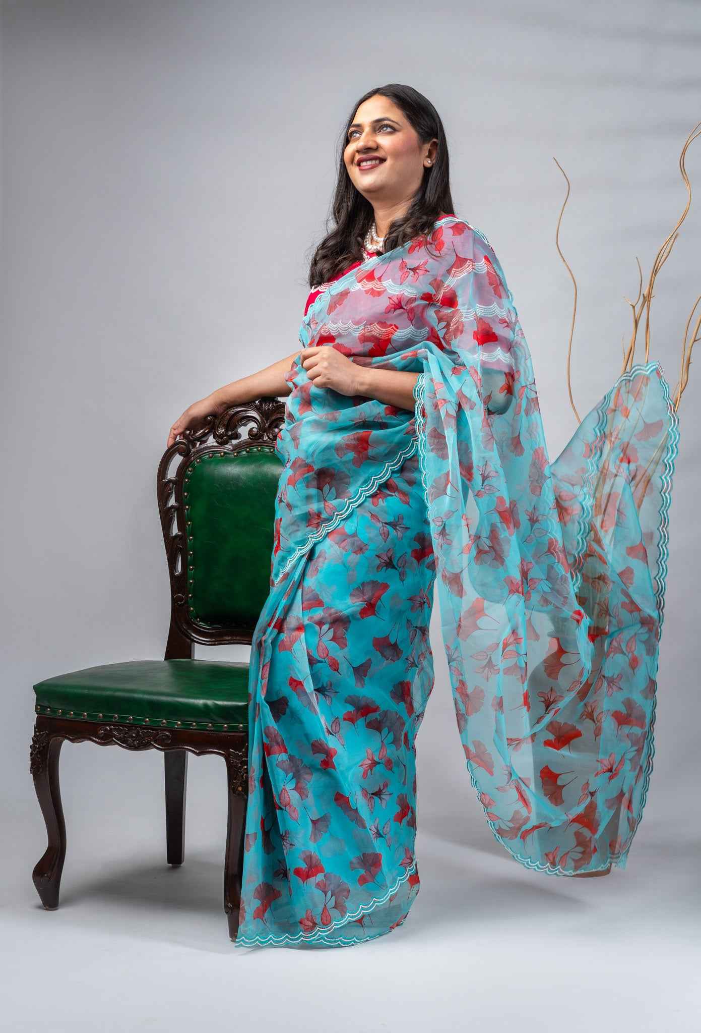 Sky Blue Organza Saree with Floral Print