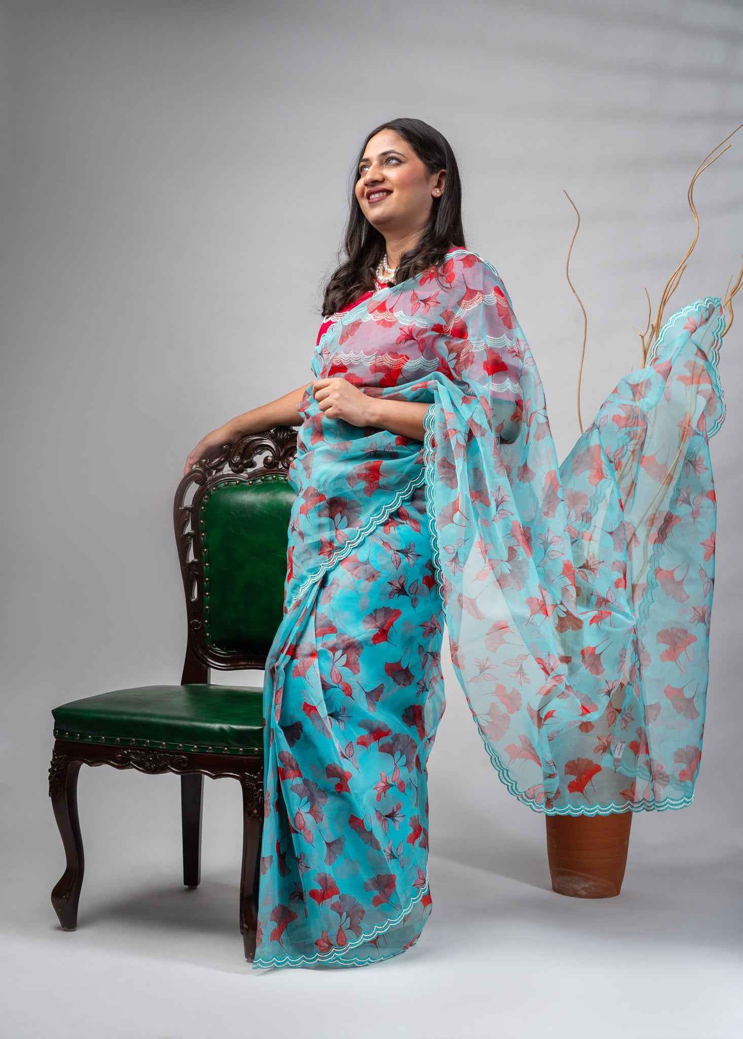 Sky Blue Organza Saree with Floral Print
