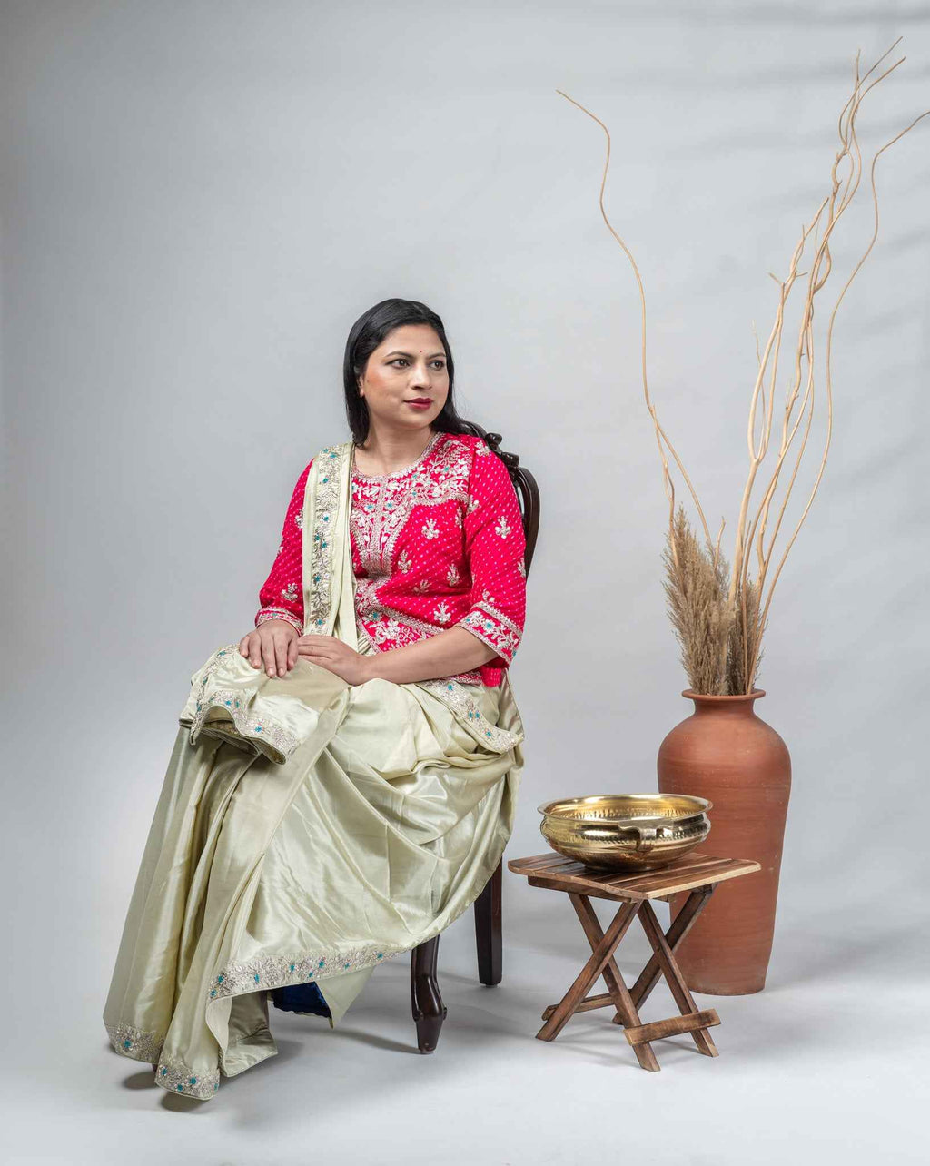 Pistachio Green Crepe Silk Saree with Bandhani Blouse