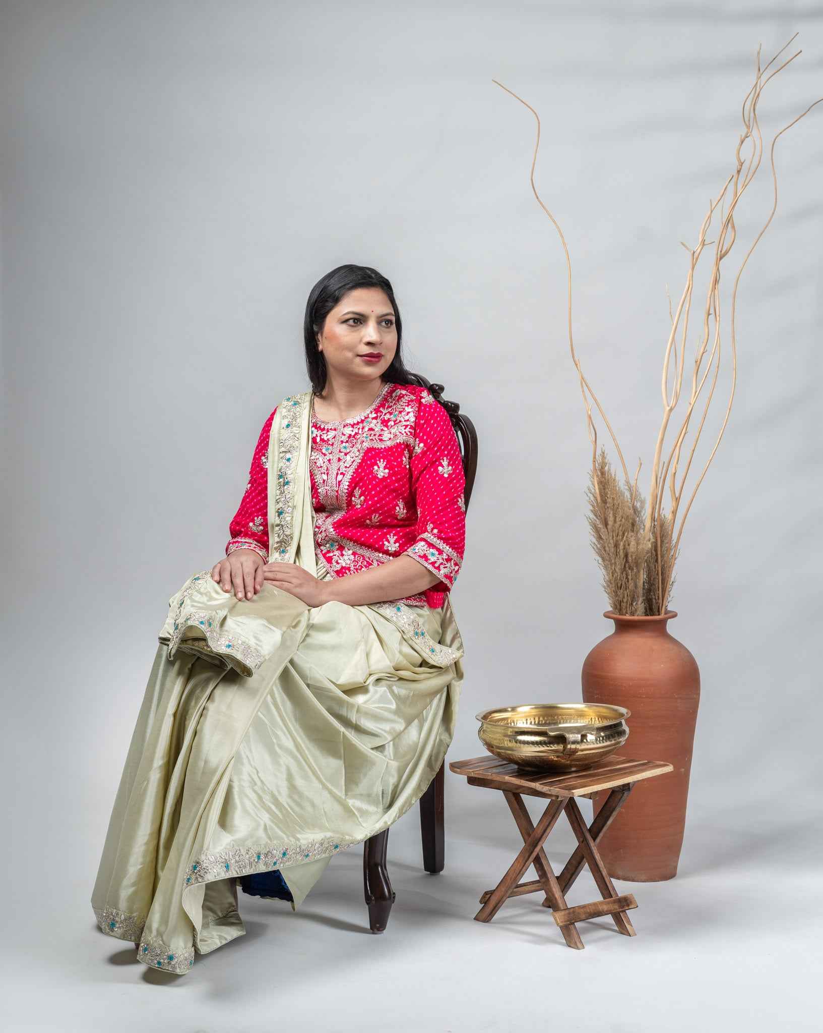 Pistachio Green Crepe Silk Saree with Bandhani Blouse