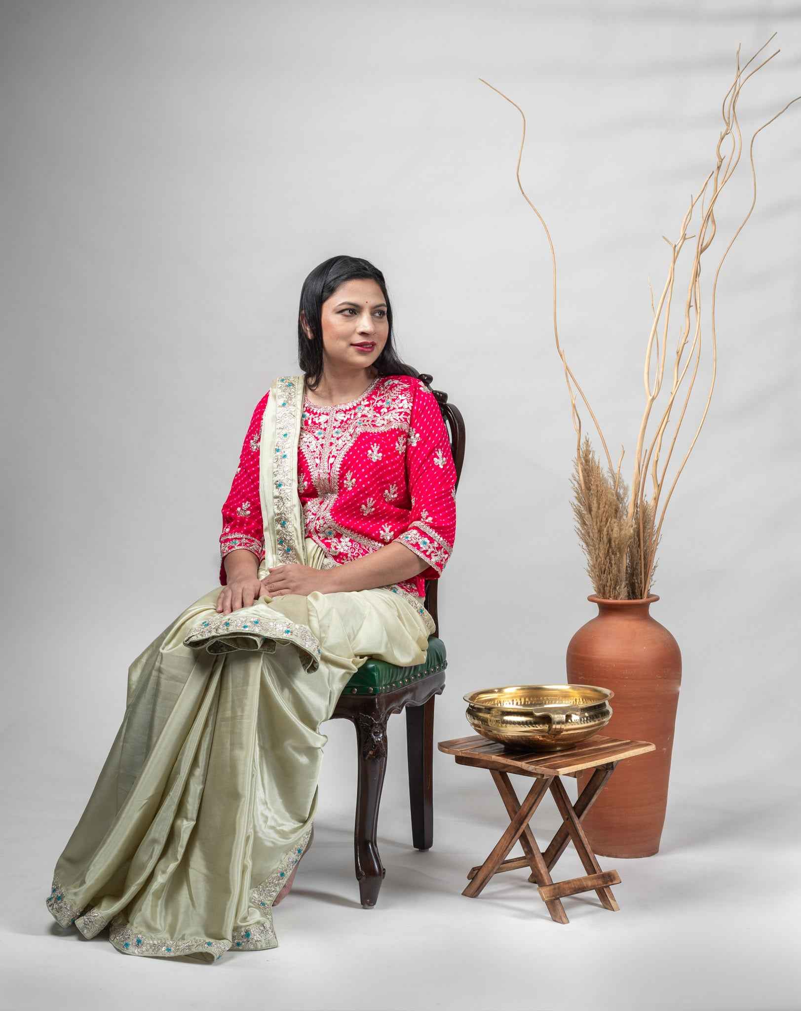 Pistachio Green Crepe Silk Saree with Bandhani Blouse